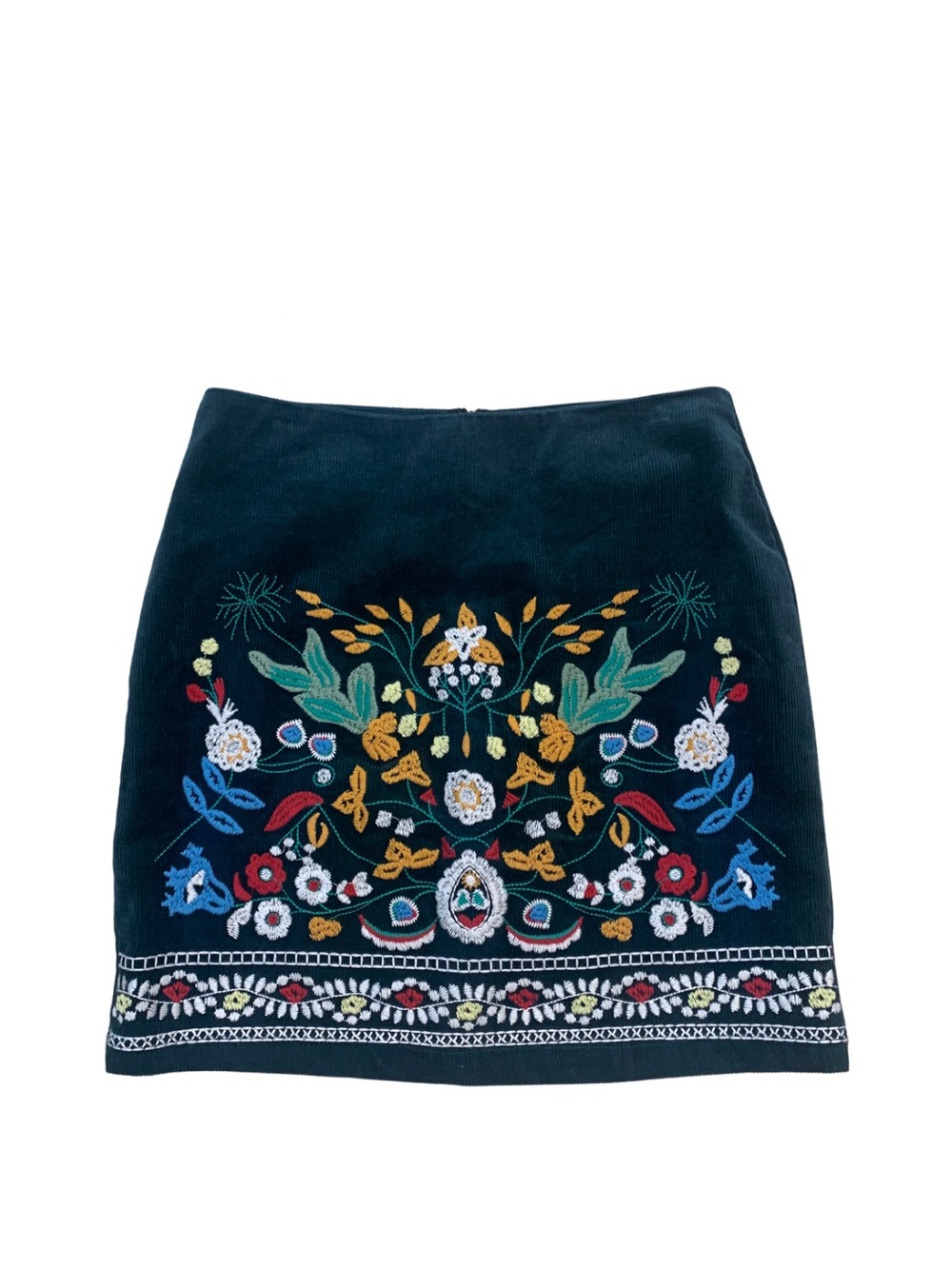Simplee Green Embroidered Floral Corduroy Short Skirt Boho Retro 70s Hippie Mini
